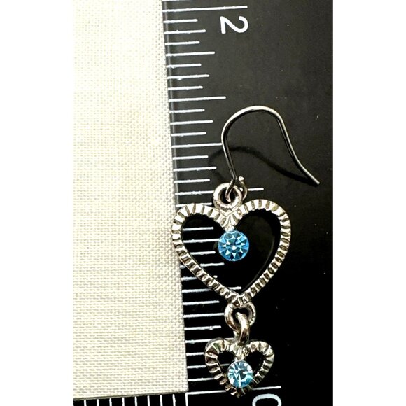Dainty Heart Dangle Earrings Sparkling Blue Rhinestone Sweet Romance Whimsy - Picture 5 of 6